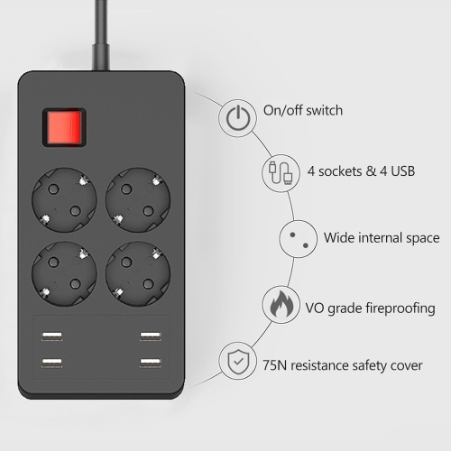 

KKmoon Electrical Sockets Power Strips Desktop Charging Station Type F Outlets Surge Protection with 4 AC Sockets & 4 USB Ports 4000W 16A 1.5M Cord EU Plug