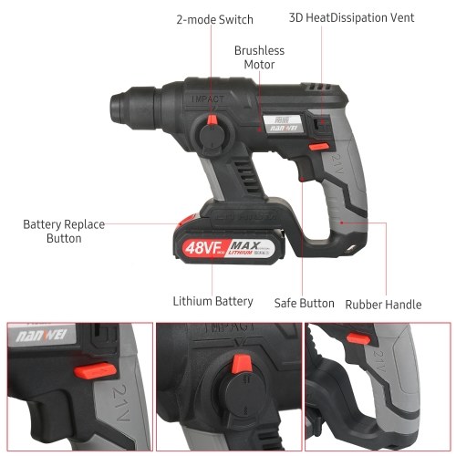 

21V Rotary Hammer Drill 780 RPM Cordless Drill Demolition Kit with 6/8/10mm Masonry Drill Bits 2.0Ah Lithium Battery LED Light and Carry Box for Concrete