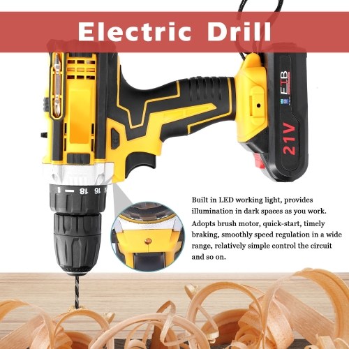 

21V Cordless Electric Drill Brush Motor 2 Speeds Adjustment 18 Gears of Torque Adjustable Holes Drilling Machine