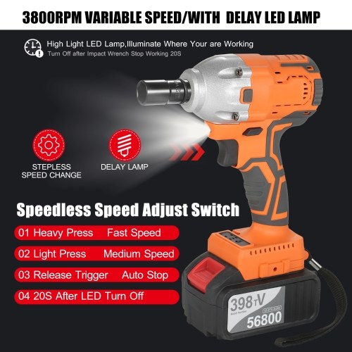 

Cordless Brushless Impact Wrench 1/2 Inch 380Nm High Torque 4.0A Li-ion Battery Variable Speed Fast Charger with Carry Box Socket & Multiple Accessories for Home Motorcycle