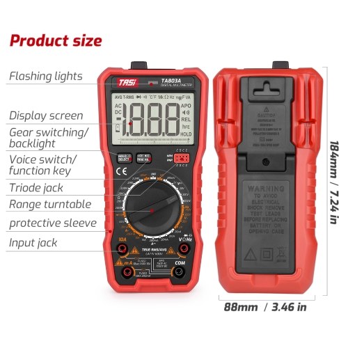 

TASI TA803 Digital Multimeter 2000 Counts True RMS Universal Meter Tester Voltmeter Ammeter Amperemeter AC/DC Voltage & Current Resistance Capacitance Frequency Diodes On-off Test Flashlight Function
