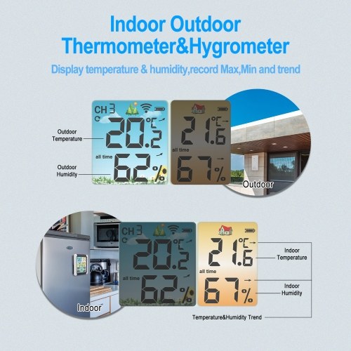 Indoor Outdoor Temperature Humidity Meter Color Touchable Screen with Backlight Time Alarm Snooze Function Household Desktop Multifunction Temperature Humidity Meter ℃ ℉ Switch History Data Viewing 