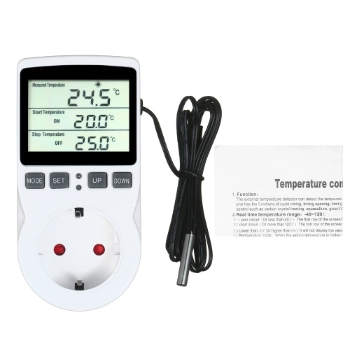 Digital Thermostat Controller LCD Thermostat Outlet Plug Heating Cooling Control for Terrarium Aquarium Reptiles Temperature Controlled Outlet Socket with Timer and Probe for Greenhouse Seed Germination Incubator Reptile Terrarium Refrigerator