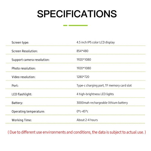 Industrial Endoscope with 4.5-inch IPS Color Display 1080P Photos Videos Snake Camera with 6 LED Lights Borescope IP67 Waterproof 2 Million Pixels Inspection Camera with TF Card Slot for Maintenance 