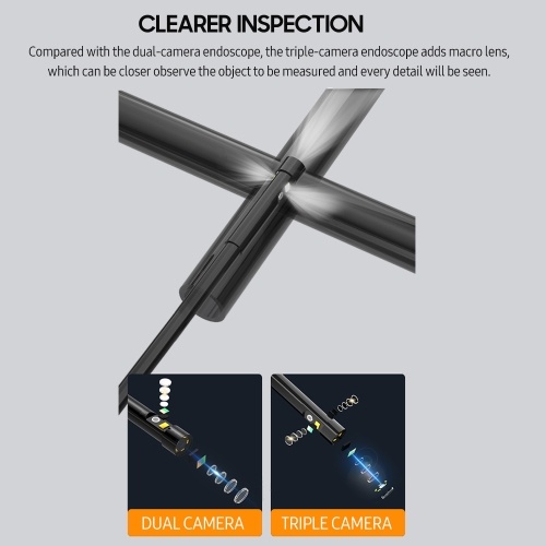 Triple Camera Endoscope with 7-inch IPS Color Screen Borescope with 6 LED Lights 1080P Photos Videos Snake Camera IP67 Waterproof 2 Million Pixels Inspection Camera with TF Card Slot 