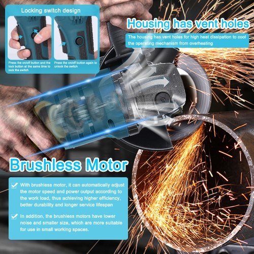 21V 125mm M14 Angle Grinder Brushless Motor Electric Grinding Tool Multifunctional Lithium Cutting Machine Utility Power Tool for Cutting Polishing Ceramic Tile Wood Stone Steel