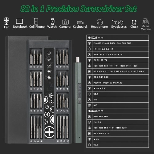 Lithium Electric Screwdriver 82 in 1 Precision Screwdriver Set Precision Hand Screwdriver Bit Set with 64 Magnetic Bits Repair Tool for Phone Laptop Camera Watch Computer White