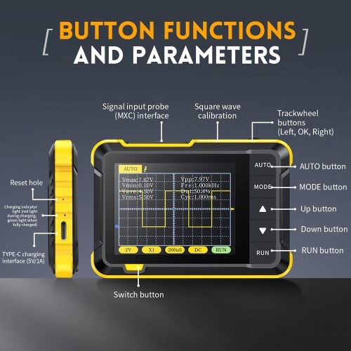 FNIRSI Handheld Digital Oszilloskop Portable 400V Spannungsmessung 200KHz Bandbreite 2,5MS/s Echtzeit-Samplingrate 2,8inch Screen Multifunktions-Oszilloskop-Instrument (Standardkonfiguration)