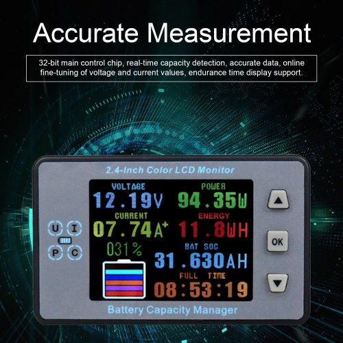 2.4inch Color LCD Screen Coulometer Voltage Current Capacity Meter Electric Car RV Battery Coulometers Bidirectional Current Detection with Memory Function 