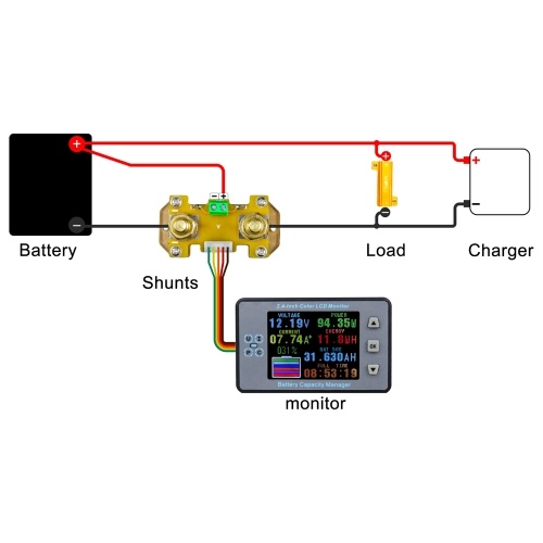 2.4inch Color LCD Screen Coulometer Voltage Current Capacity Meter Electric Car RV Battery Coulometers Bidirectional Current Detection with Memory Function 