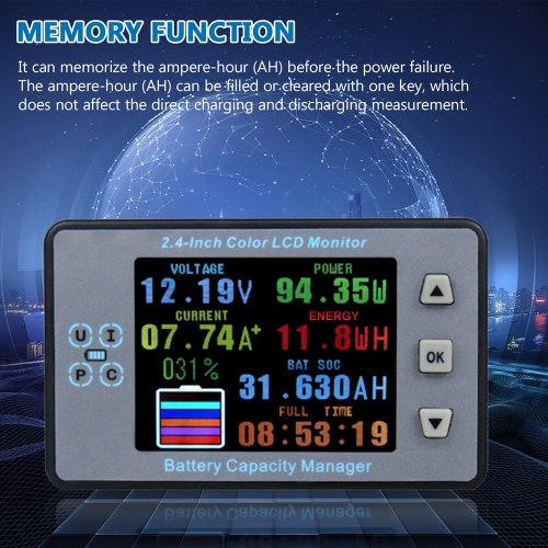 2.4inch Color LCD Screen Coulometer Voltage Current Capacity Meter Electric Car RV Battery Coulometers Bidirectional Current Detection with Memory Function 