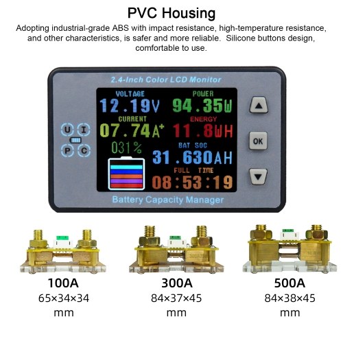 2.4inch Color LCD Screen Coulometer Voltage Current Capacity Meter Electric Car RV Battery Coulometers Bidirectional Current Detection with Memory Function 
