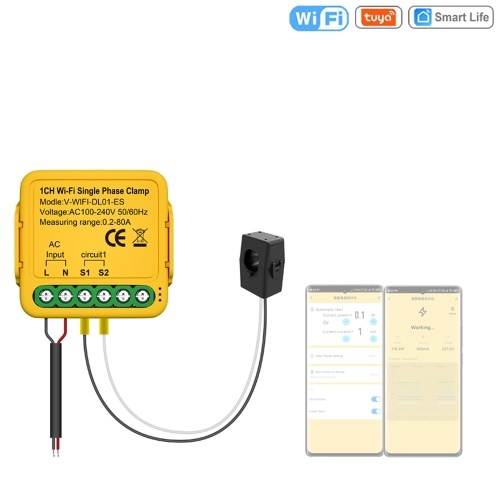 Tuya WiFi On-off Controller 80A Energy Meter Current Transformer Clamp KWh Power Monitor Electricity Statistics Monitoring Device Compatible Alexa Google Home for Voice Control 