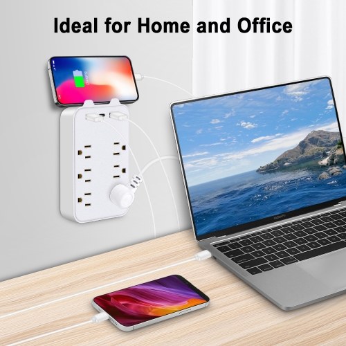 9-in-1 Surge Protector 6-Outlet Extender with 2 USB & 1 USB-C Ports Power Strip Multi Plug Outlets Wall Adapter Spaced for Home Travel Office 