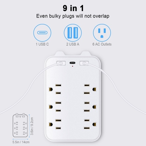 9-in-1 Surge Protector 6-Outlet Extender with 2 USB & 1 USB-C Ports Power Strip Multi Plug Outlets Wall Adapter Spaced for Home Travel Office 