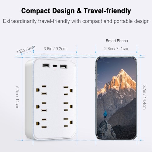 9-in-1 Surge Protector 6-Outlet Extender with 2 USB & 1 USB-C Ports Power Strip Multi Plug Outlets Wall Adapter Spaced for Home Travel Office 