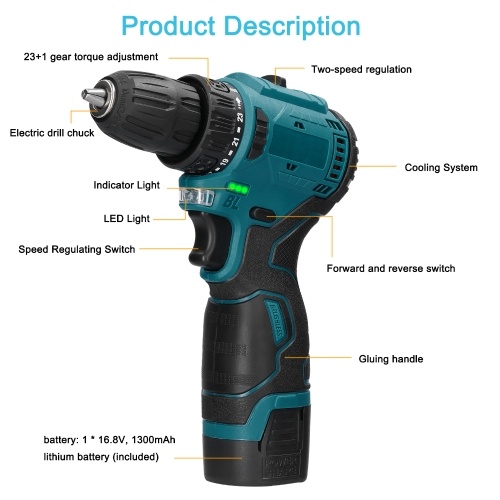 16.8V Cordless Driver Drill Household Electric Screwdriver Regulation Rotation Ways Adjustment Lithium Drill Home Improvement Power Tool 