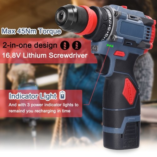 16.8V 2in1 Lithium Drill Electric Screwdriver 45Nm Torque Brushless Motor Practical Screw Driver for Home Appliances Furniture Installation Automotive Electronics Repairing (1 Battery) 