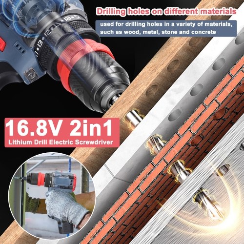 16.8V 2in1 Lithium Drill Electric Screwdriver 45Nm Torque Brushless Motor Practical Screw Driver for Home Appliances Furniture Installation Automotive Electronics Repairing (1 Battery) 