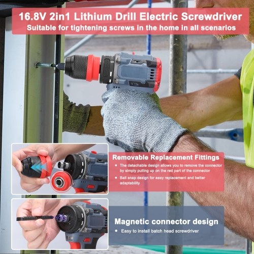 16.8V 2in1 Lithium Drill Electric Screwdriver 45Nm Torque Brushless Motor Practical Screw Driver for Home Appliances Furniture Installation Automotive Electronics Repairing (1 Battery) 