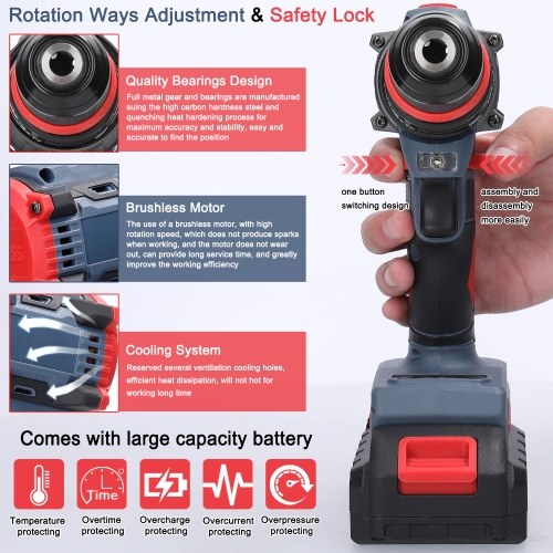 21V 2in1 Lithium Drill Electric Screwdriver 55Nm Torque Brushless Motor Practical Screw Driver for Home Appliances Furniture Installation Automotive Electronics Repairing (1 Battery) 