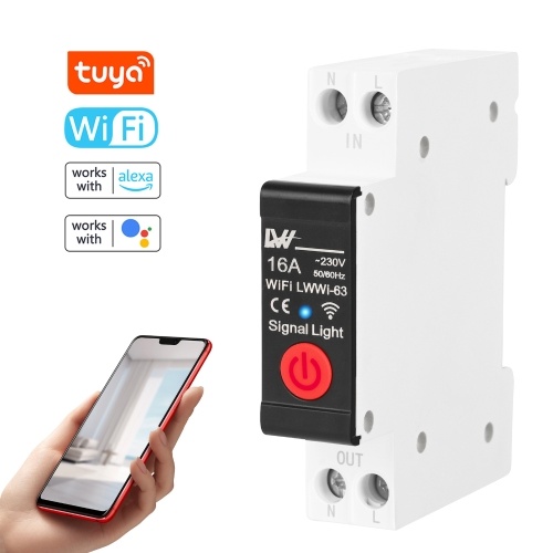 Tuya WiFi Intelligent Electricity Consumption Detect Switch Mobilephhone APP Remotely Control Circuit Breaker with Metering Function Compatible with Alexa and Google Assistant 16A