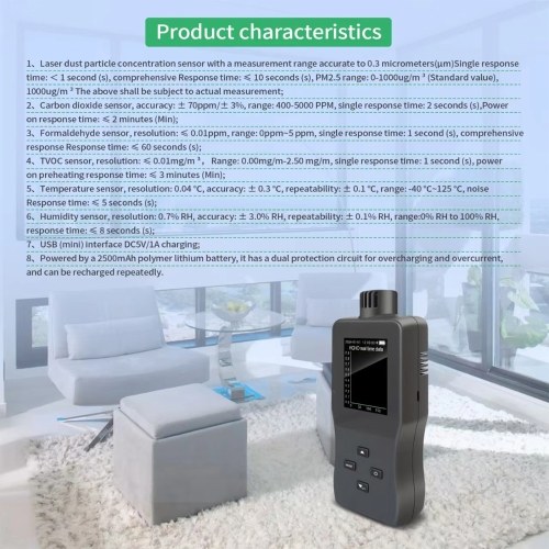 Air Quality Monitor Indoor Air Quality Tester HCHO/CO₂/TVOC/PM2.5/Temp/Humidity Air Quality Detector High Precision Sensor 