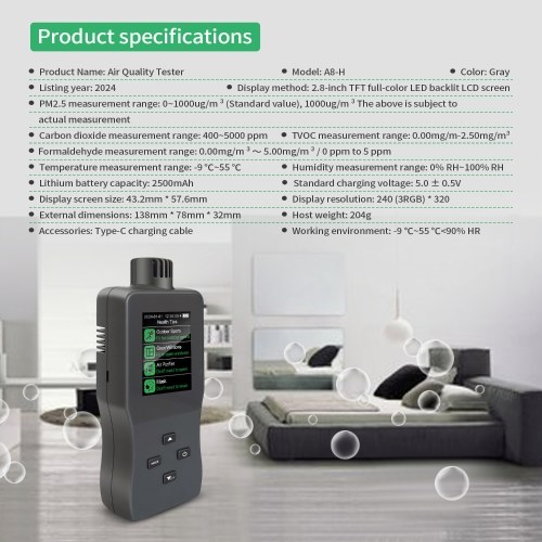 Air Quality Monitor Indoor Air Quality Tester HCHO/CO₂/TVOC/PM2.5/Temp/Humidity Air Quality Detector High Precision Sensor 