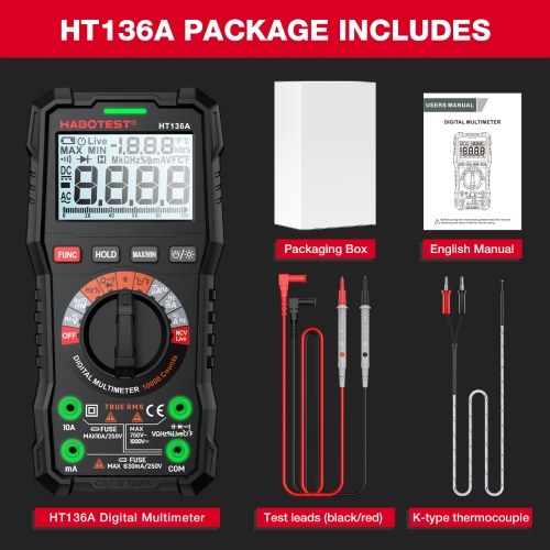 HABOTEST HT136A Digital Multimeter 10000 Counts Voltage Current Detector with Capacitance Resistance Frequency Temp Test 