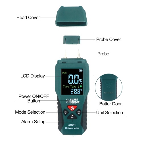 SMART SENSOR Wood Moisture Meter Pin Type Humidity Meter Pocket Size Moisture Detector with LCD Display Moisture Content Meter with 4 Modes for Wood Bamboo Paper Herbs 