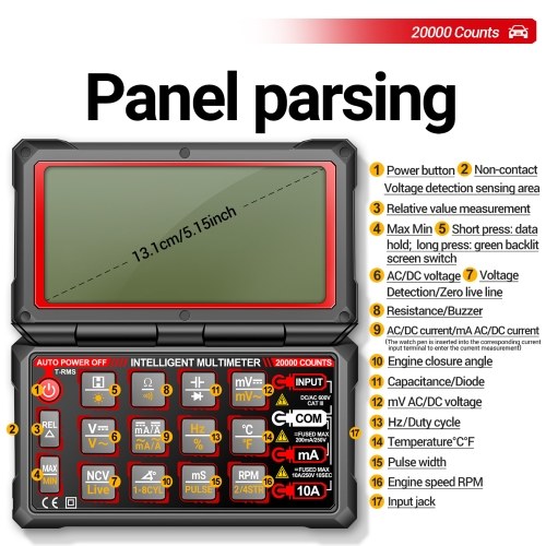 ANENG 623 Car Multimeter Digital Multimeter 20000 Counts RPM mS PLUSE Engine Dwell Angle Measure NCV Detection AC/DC Voltage Current Multimeter Live Wire/Diode Test with 5.15inch 180° Foldable Screen 