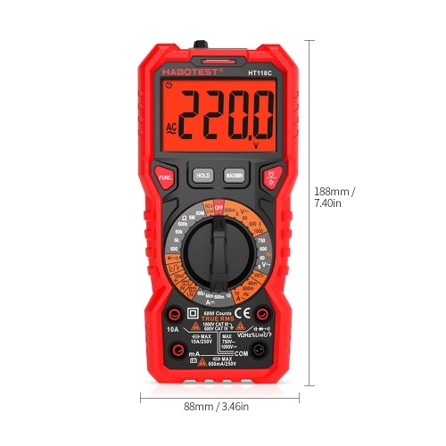 

HABOTEST HT118C Digital Multimeter Manual Range Multi-meter 6000 Counts True RMS Measuring AC/DC Voltage Current Resistance Capacitance Frequency Temperature NCV Test Diode Battery Test with LCD Backlight Flashlight