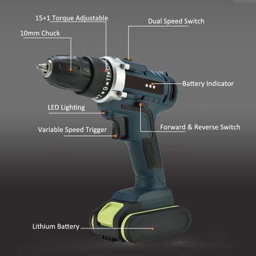 

Dual Speed Cordless Electric Drill Rechargeable Electric Drill Variable Speed Hand Drill Lithium Battery Powered Drill Impact Drill with 2pcs Batteries