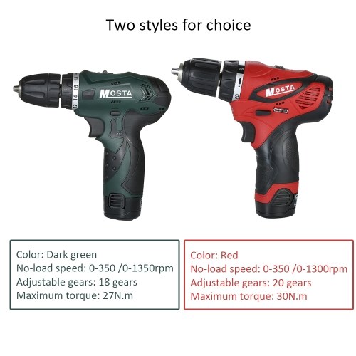 

MOSTA 12V Electric Drill Rechargeable Cordless Drill Kit 1500mAh Li-ion Battery 27N.m 1350rpm LED Lighting Multi-functional Professional Drilling Variable Speed Fast Charging / Dark Green EU 2Pcs Batteries