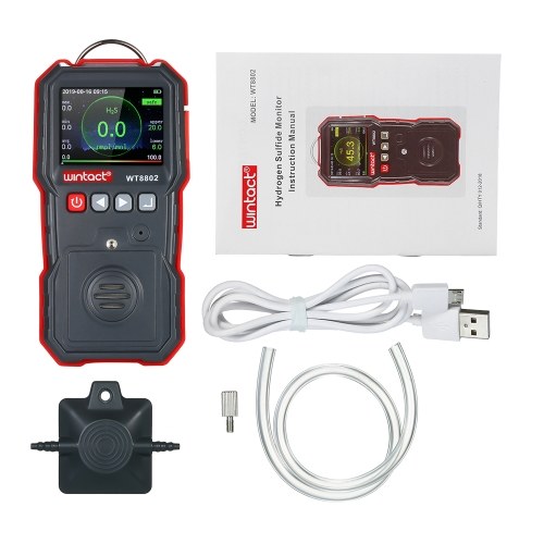 wintact Medidor de sulfuro de hidrógeno de alta precisión Detector de concentración de sulfuro de hidrógeno (H2S) portátil profesional con pantalla LCD de registro de datos 120000 y alarma de luz sonora y vibración 0 ~ 100μmol / mol