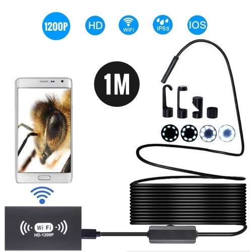 8mm Wireless Endoscope Camera IP68 Waterproof WiFi Inspection 2.0MP HD 8 LED Semi-Rigid Cable Borescope for iPhones iPads Android Devices and PC Black 1M 