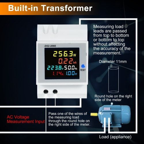 D52-2066 6-in-1 Digital Single Phase Energy Meter Tester Din Rail AC Monitor Voltage Current Power Factor Active KWH AC 40V~300V 100A Electricity Usage Monitor