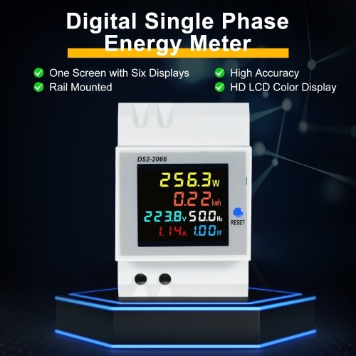 D52-2066 6-in-1 Digital Single Phase Energy Meter Tester Din Rail AC Monitor Voltage Current Power Factor Active KWH AC 40V~300V 100A Electricity Usage Monitor