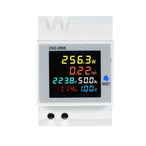 D52-2066 6-in-1 Digital Single Phase Energy Meter Tester Din Rail AC Monitor Voltage Current Power Factor Active KWH AC 40V~300V 100A Electricity Usage Monitor
