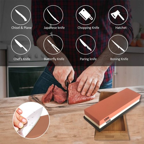 

Knife Sharpening Stone Sharpener 2 Side Grit 1000/3000 Whetstone with Non-slip Silicon Holder Bamboo Base Angle Guide Sharpener Tool Kit for Kitchen 18*6*3cm