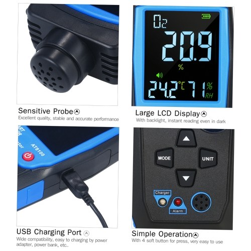 Handheld Digital Oxygen Detector USB Rechargeable Automotive O2 Sensor Tester Monitor LCD Display Adjustable Alarm Auto Power Off Oxygen Meter for Car Tunnel Laboratory and Industry 