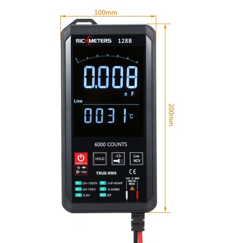 

RICHMETERS Digital Multimeter 6000 Counts True-RMS Auto Ranging AC/DC Voltage Temperature Measuring Meter Flash Light Backlight Large Screen