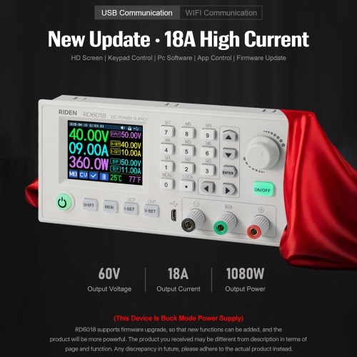 RD6018 18A Constant-Voltage and Constant-Current Direct-current Power-Supply Module Keypad PC Software Wifi Phone App Control with Firmware Update Function 
