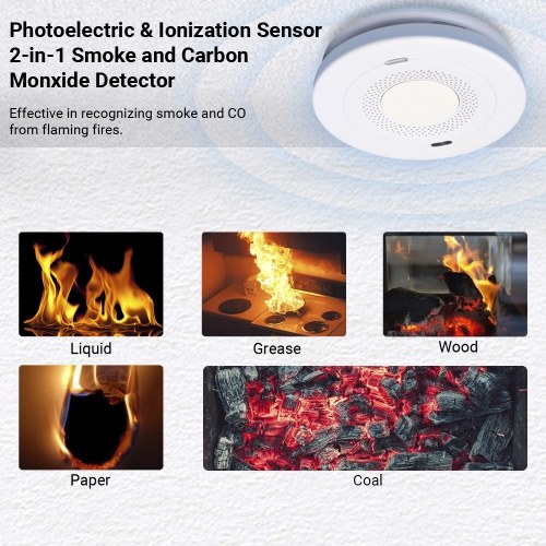 

2-in-1 Smoke and Carbon Monxide Detector with 10-Year Battery Life Photoelectric Ionization Fire Alarm Battery Operated Fire Alert Smoke Alarm Easy to Install for Home