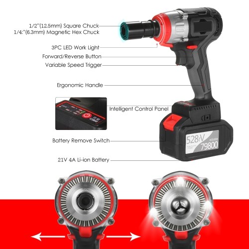 

Cordless Impact Wrench 980Nm Torque Brushless Motor with 1/2 and 5/16 Inch Quick Chuck 2x6.0A Fast Charger Variable Speed Multifunction Impact Kit with Belt and Carrying Case