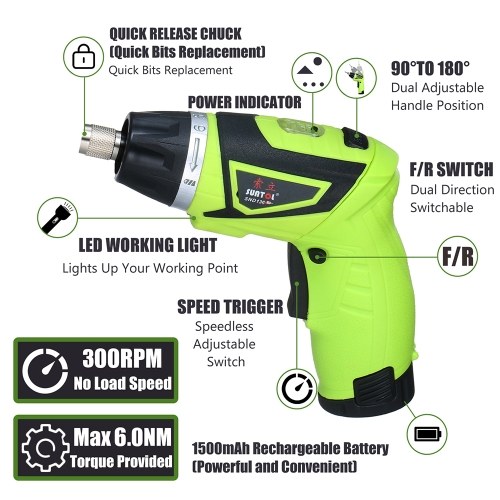 

Quick Release 6.0N.m Cordless Electric Screwdriver 2x Rechargeable 1500mAh Li-ion with 41 Accessories 7 Torque Setting 2 Position Handle with LED Light Battery Indicator