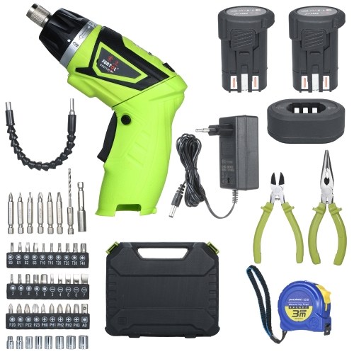 Quick Release 6.0N.m Cordless Electric Screwdriver 2x Rechargeable 1500mAh Li-ion with 40 Accessories Pliers and Tape Measure 7 Torque Setting 2 Position Handle with LED Light Battery Indicator