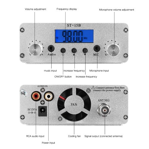 

HY-ST-15BV3 FM Broadcast Sender 76MHz-108MHz Broadcast Station Stereo RCA Audio Input Interface PLL Fm Radio TNC/BNC Antenna Output (optional)