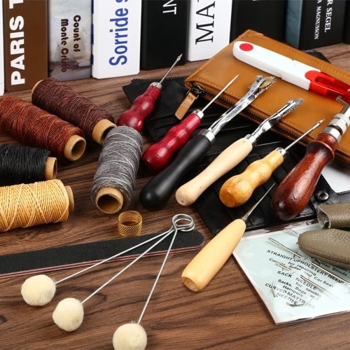 31Pcs Leather Sewing Tools DIY Leather Craft Hand Stitching Kit with Groover Awl Waxed Thimble