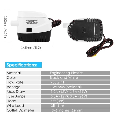 

750 GPH Automatic Bilge Pump 12V DC Submersible Water Pump RV Boat Marine Pump with 3/4 Inches Outlet (19mm) for Removing Bilge Water